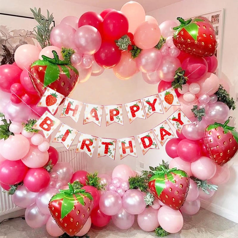 MEETINGU Strawberry Birthday Banner, Strawberry Birthday Decorations Banner Strawberry Happy Birthday Banner Strawberry Party Decorations for Boy Girl Baby Berry Sweet Party Sign - Image 3